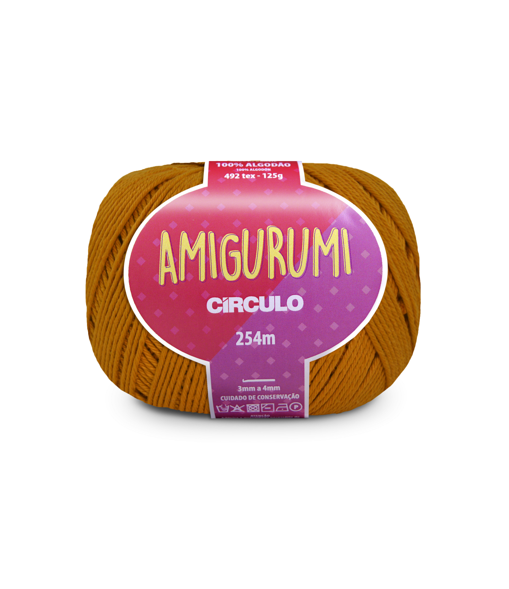 Novelo de fio Amigurumi castanho da Círculo com etiqueta rosa e informações de peso e comprimento.