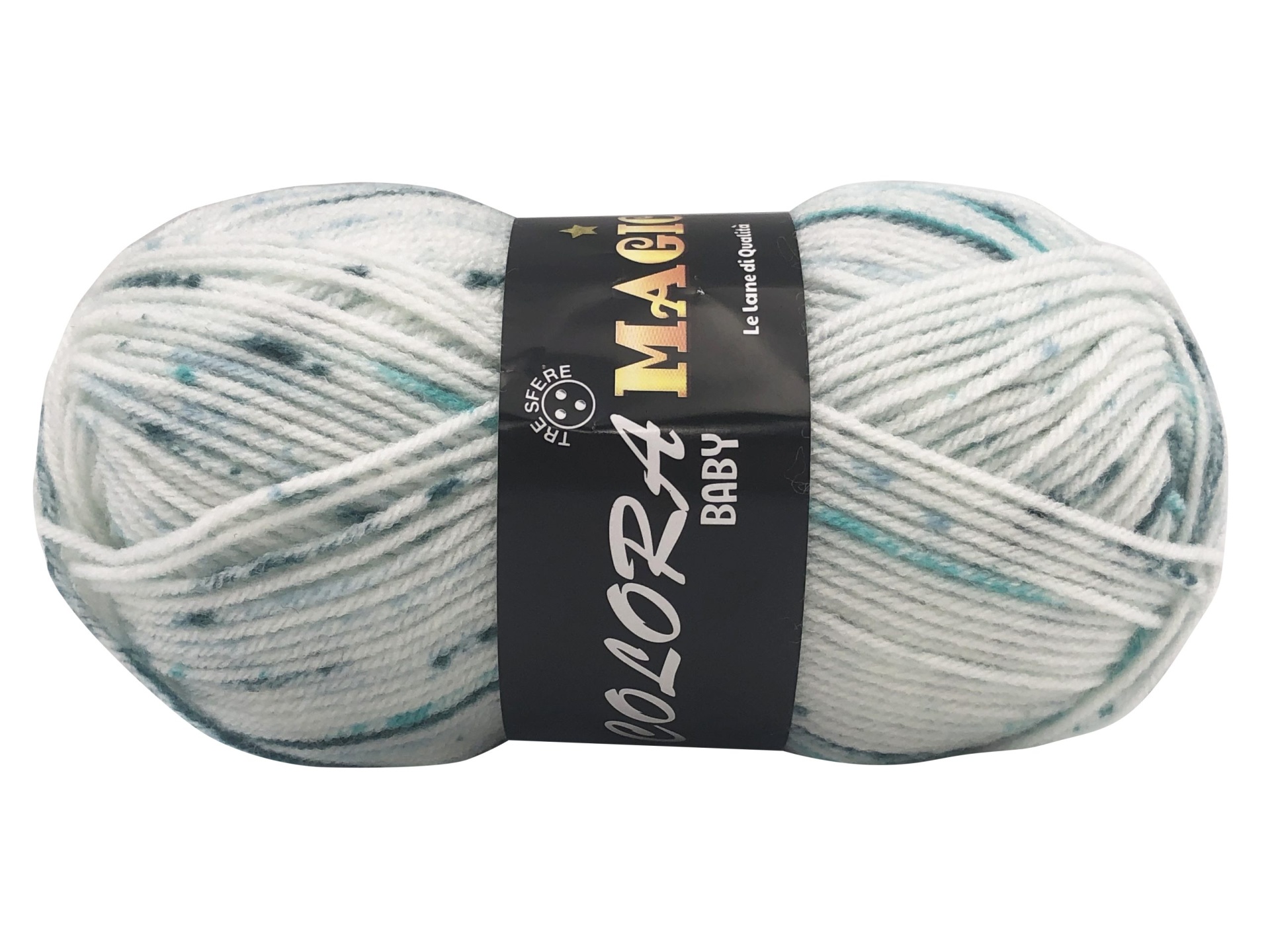 Novelo de lã para bebé branco com manchas cinzentas e verdes