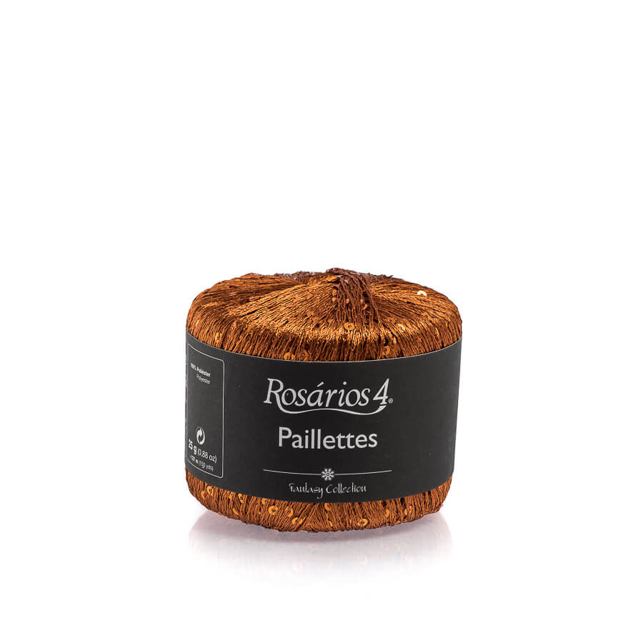 Novelo de fio castanho Rosários 4 Paillettes com etiqueta preta