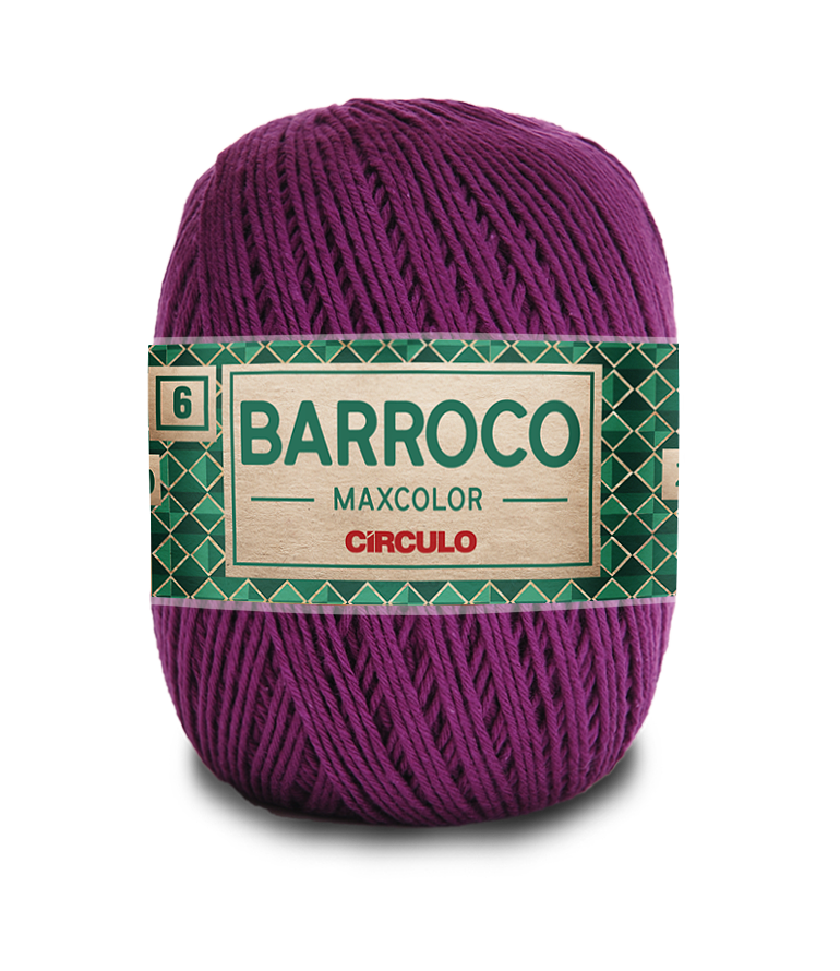 Novelo de fio de algodão roxo com etiqueta verde e bege