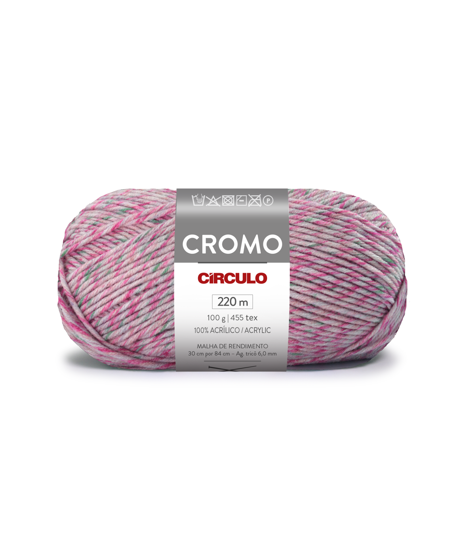 Novelo de lã acrílica colorida com rótulo da marca Círculo e modelo Cromo