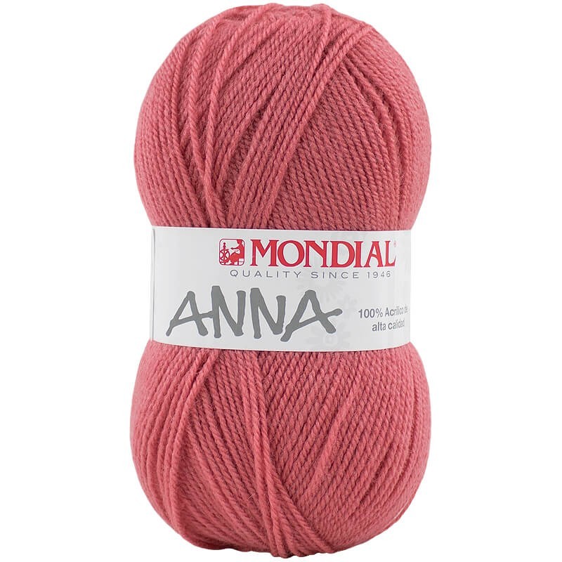 Novelo de lã cor de rosa com etiqueta MONDIAL e nome ANNA