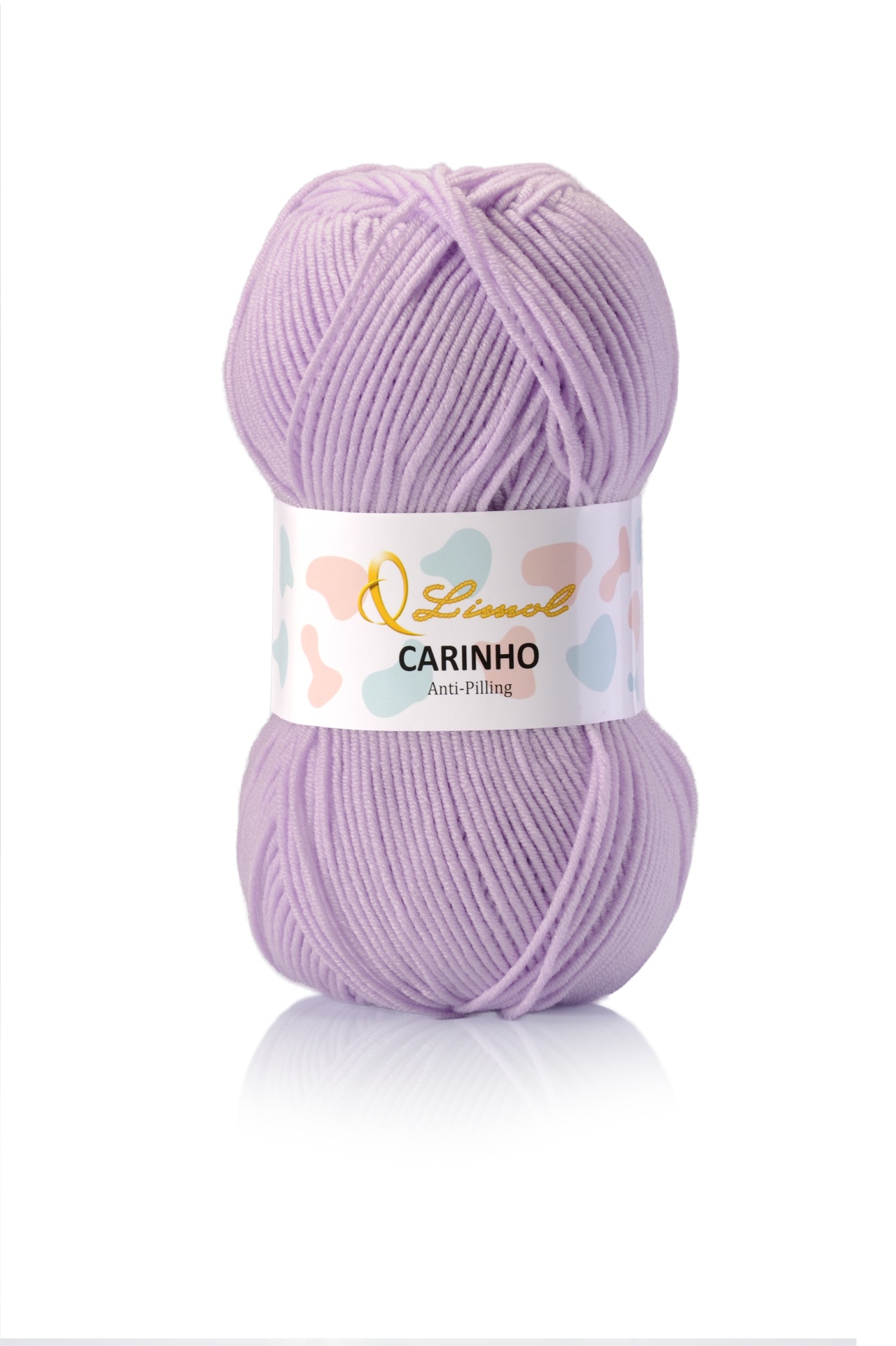 Novelo de lã lilás com rótulo branco e texto Limol CARINHO Anti-Pilling