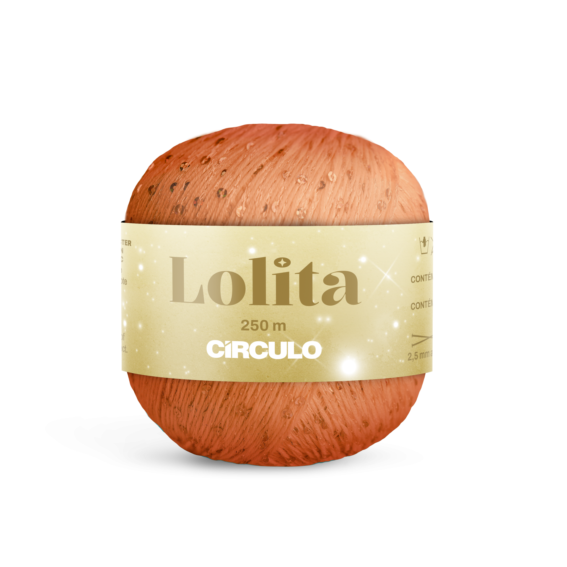 Novelo de fio terracota com brilhos dourados e etiqueta dourada Lolita