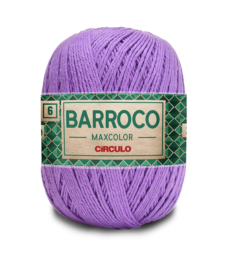 Novelo de fio lilás Barroco Maxcolor Círculo com etiqueta verde e bege