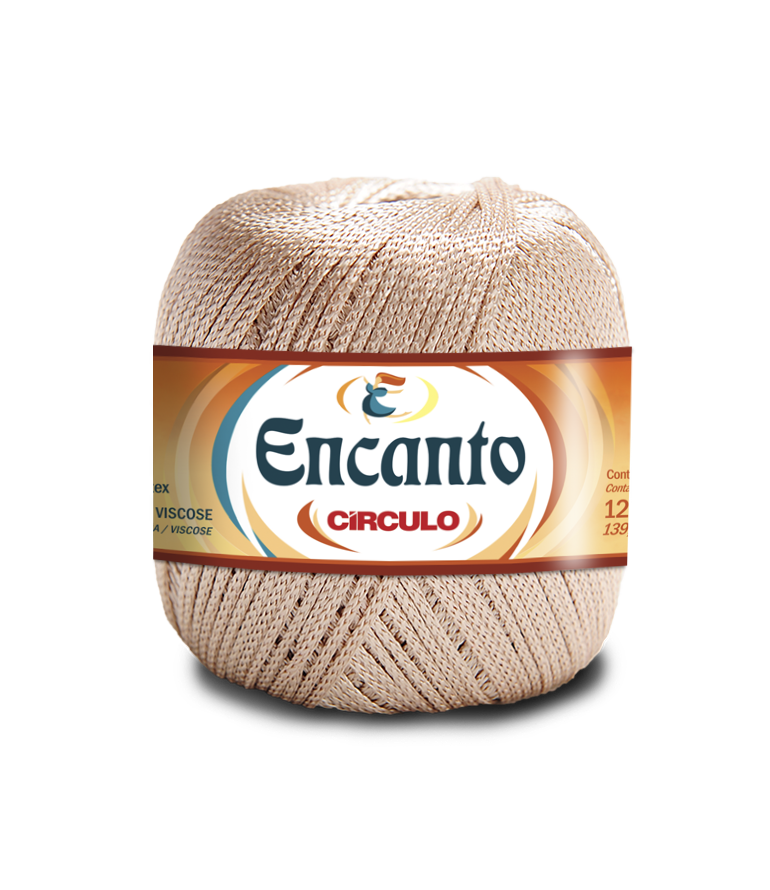 Novelo de fio de viscose bege com rótulo colorido