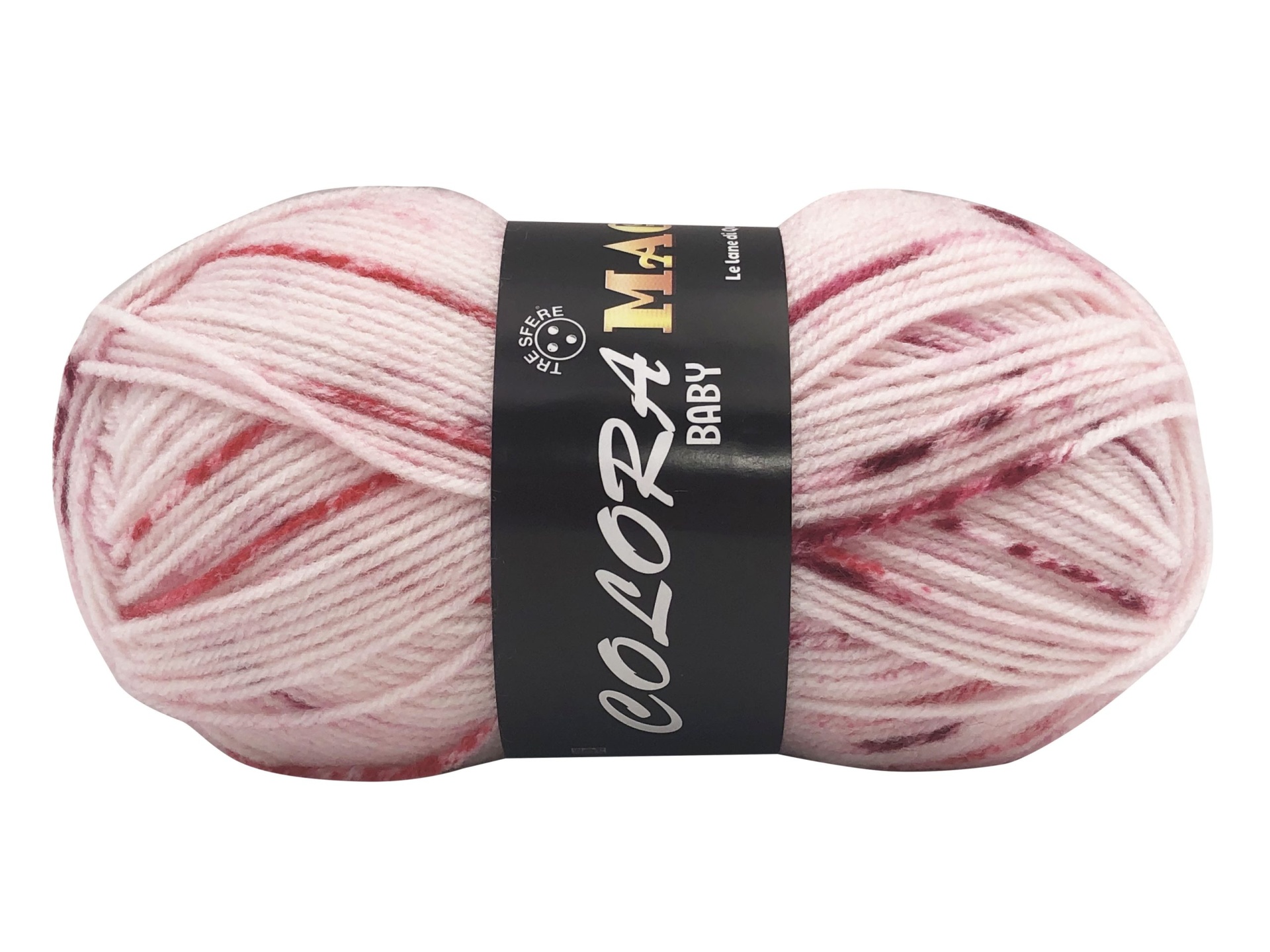 Novelo de lã colorida cor-de-rosa com etiqueta preta