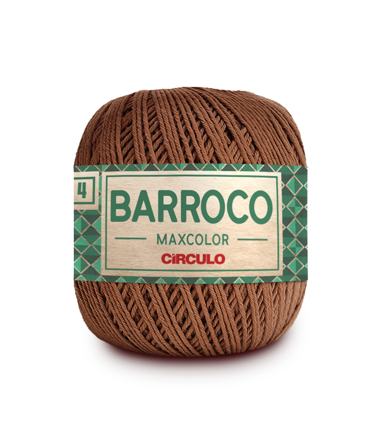 Novelo de fio castanho Barroco Maxcolor da Círculo com etiqueta verde e bege