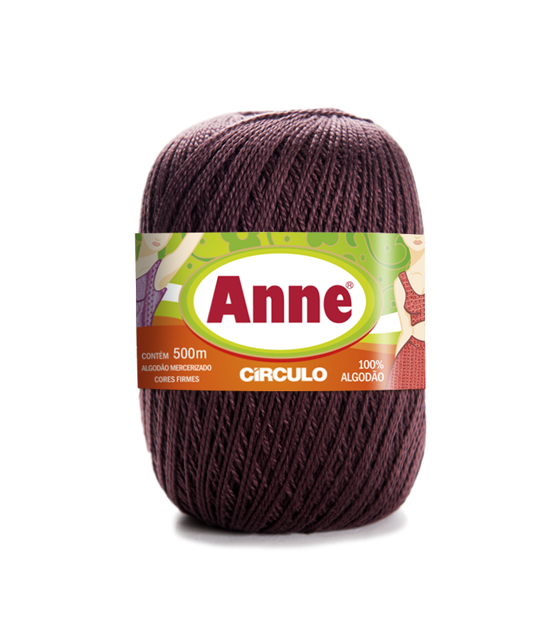Rolo de linha de algodão castanho com etiqueta da marca Anne