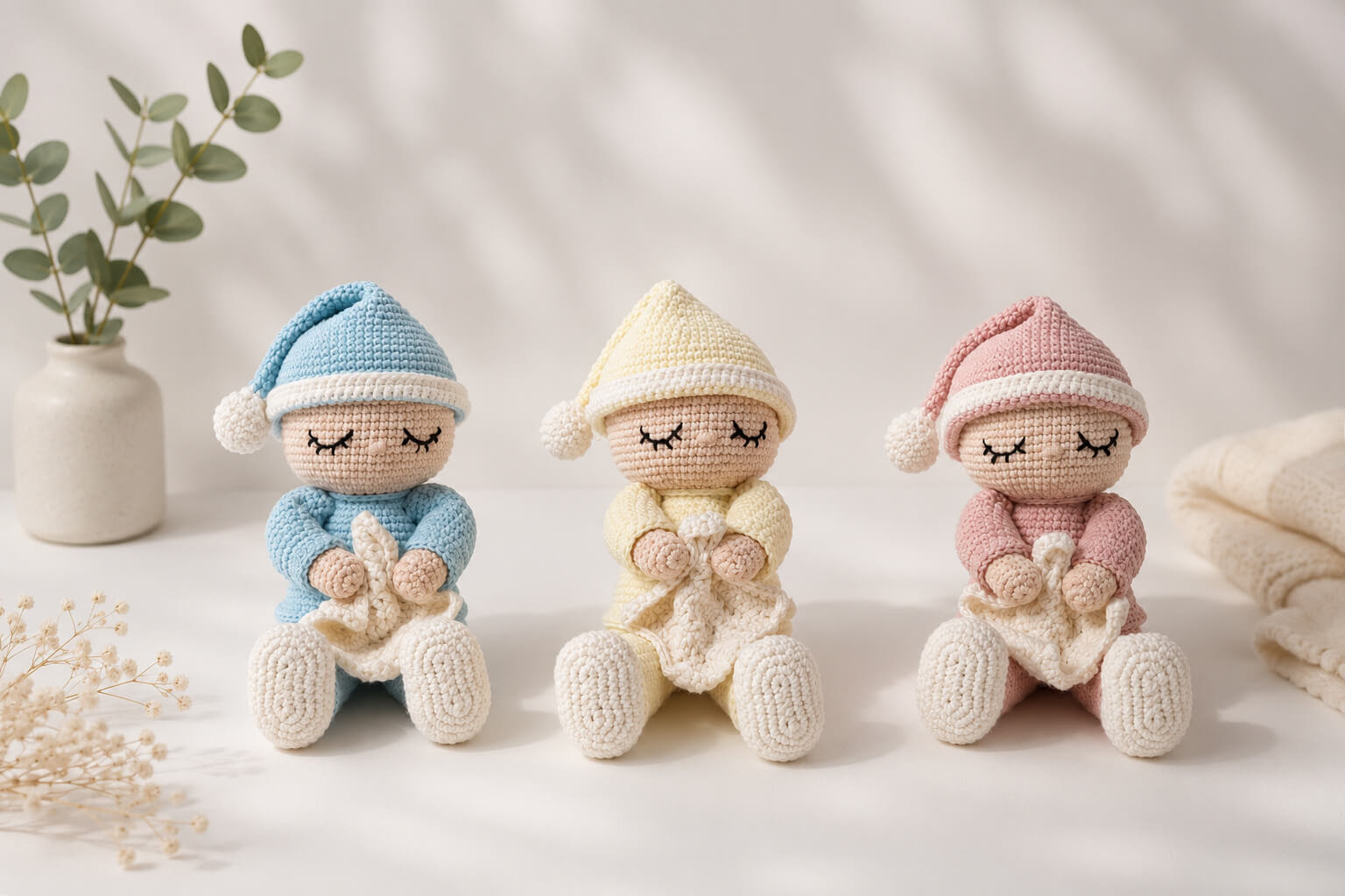 Três bonecos de croché coloridos sentados com mantinhas seguras nas mãos.