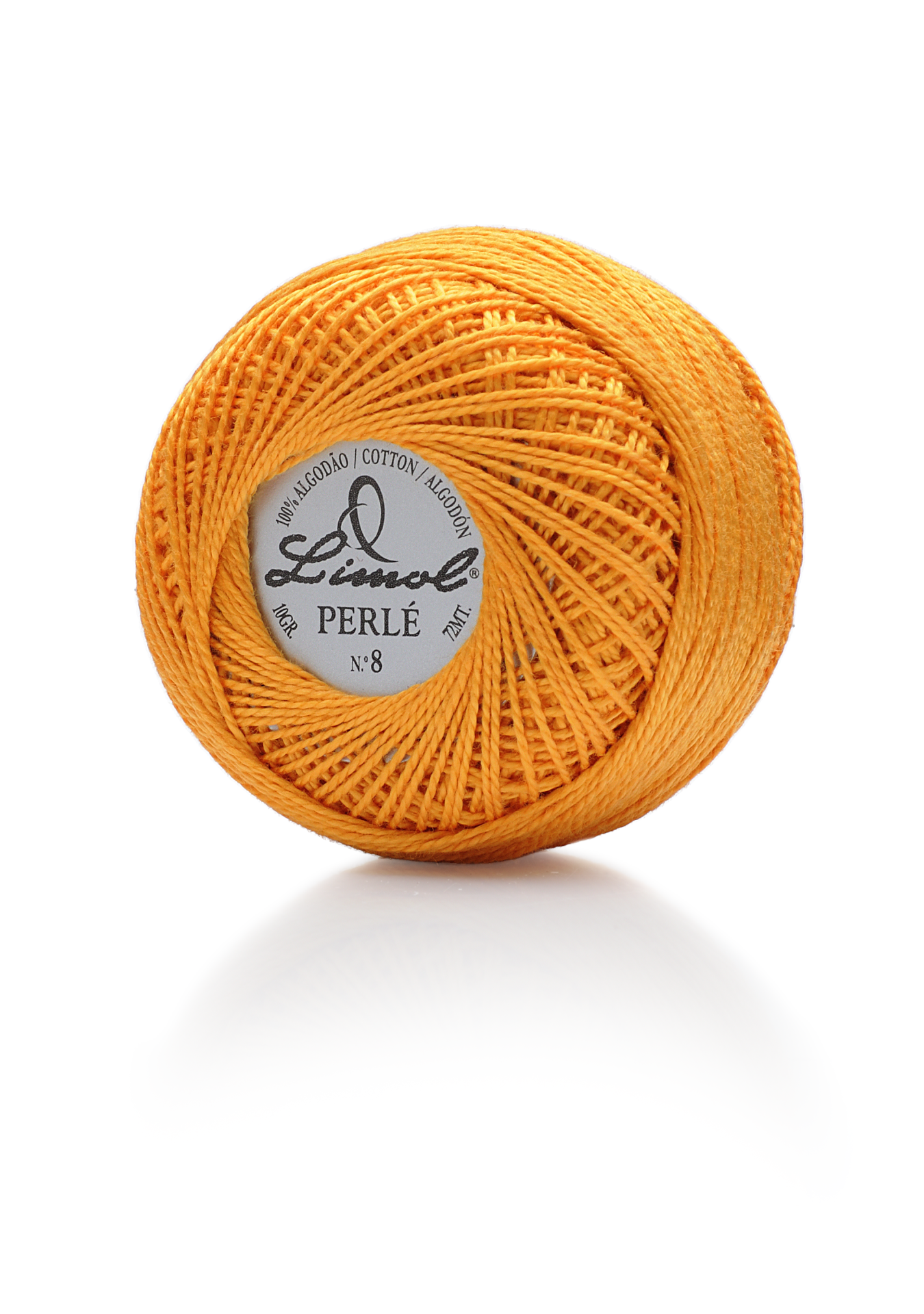 Rolo de linha de algodão Linosol Perlé cor laranja com etiqueta circular