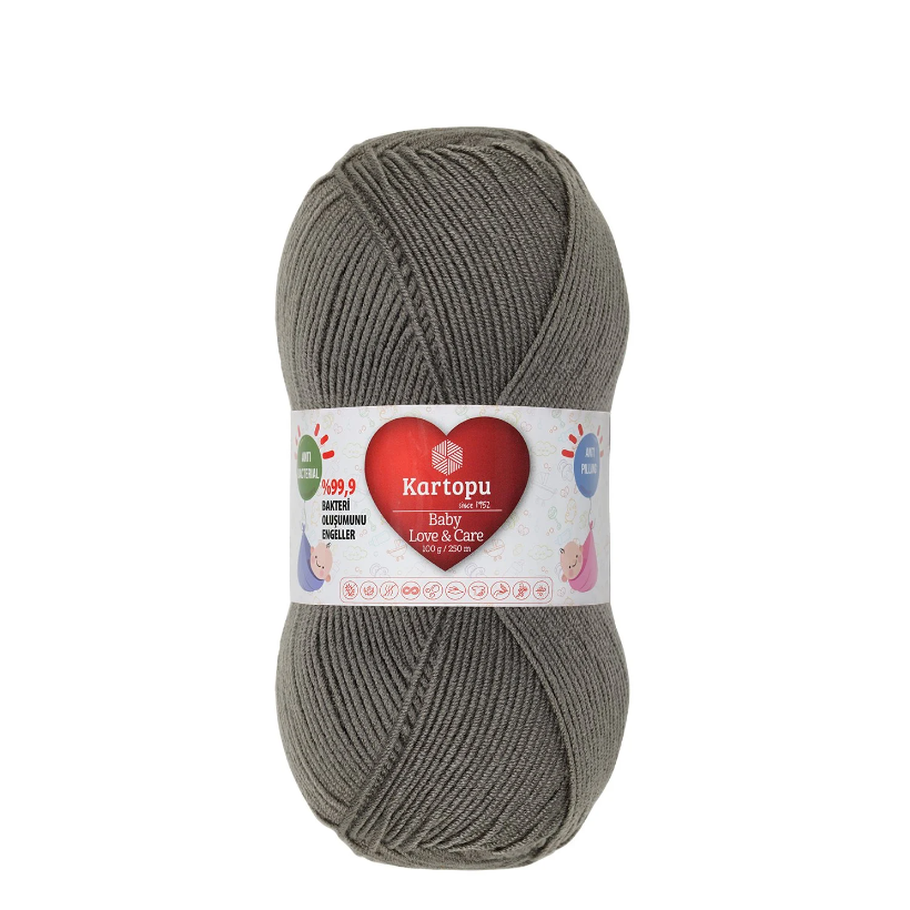 Novelo de lã cinza Kartopu Baby Love & Care com etiqueta branca