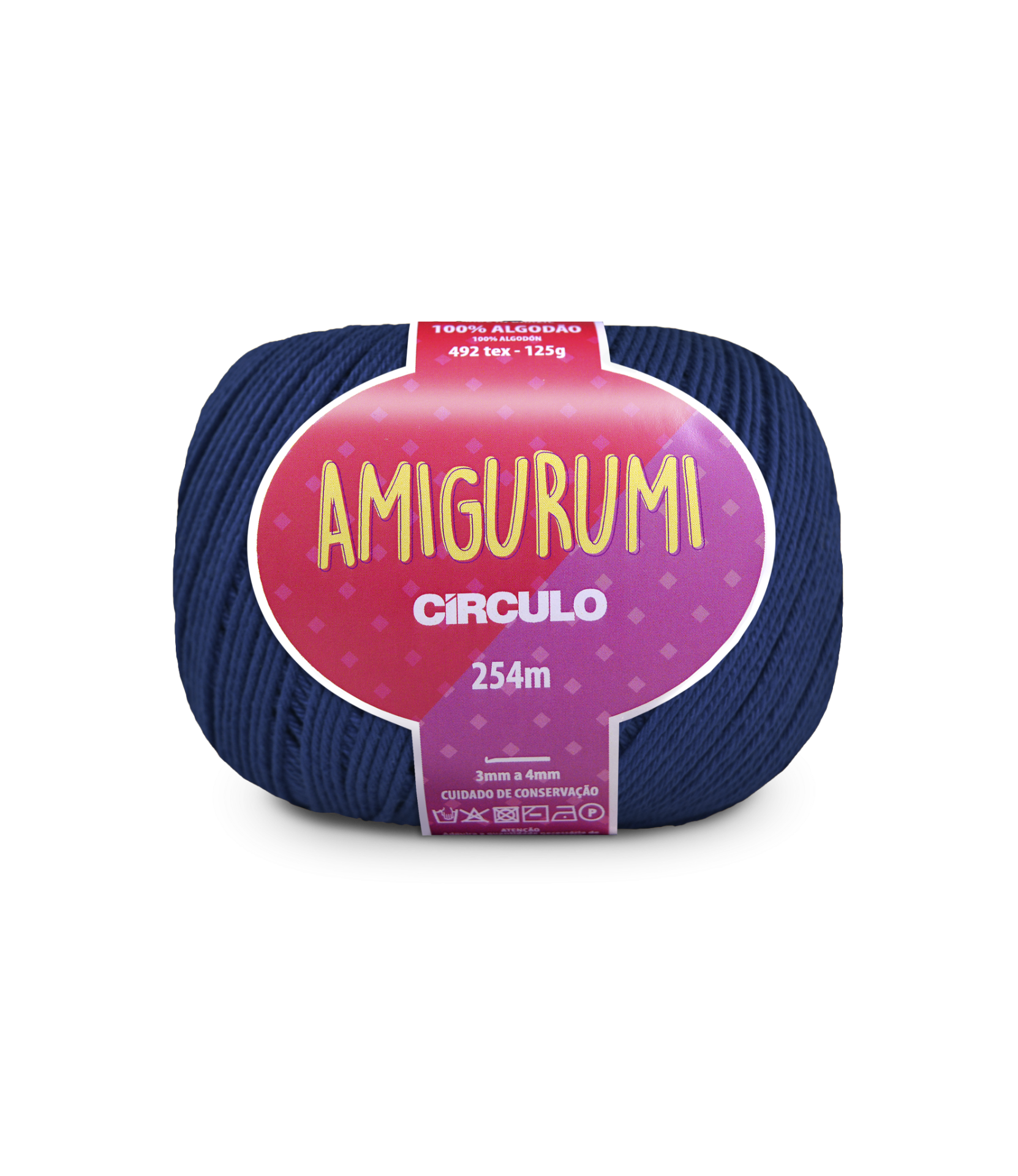 novelo de fio azul escuro Amigurumi Círculo com etiqueta rosa e roxa