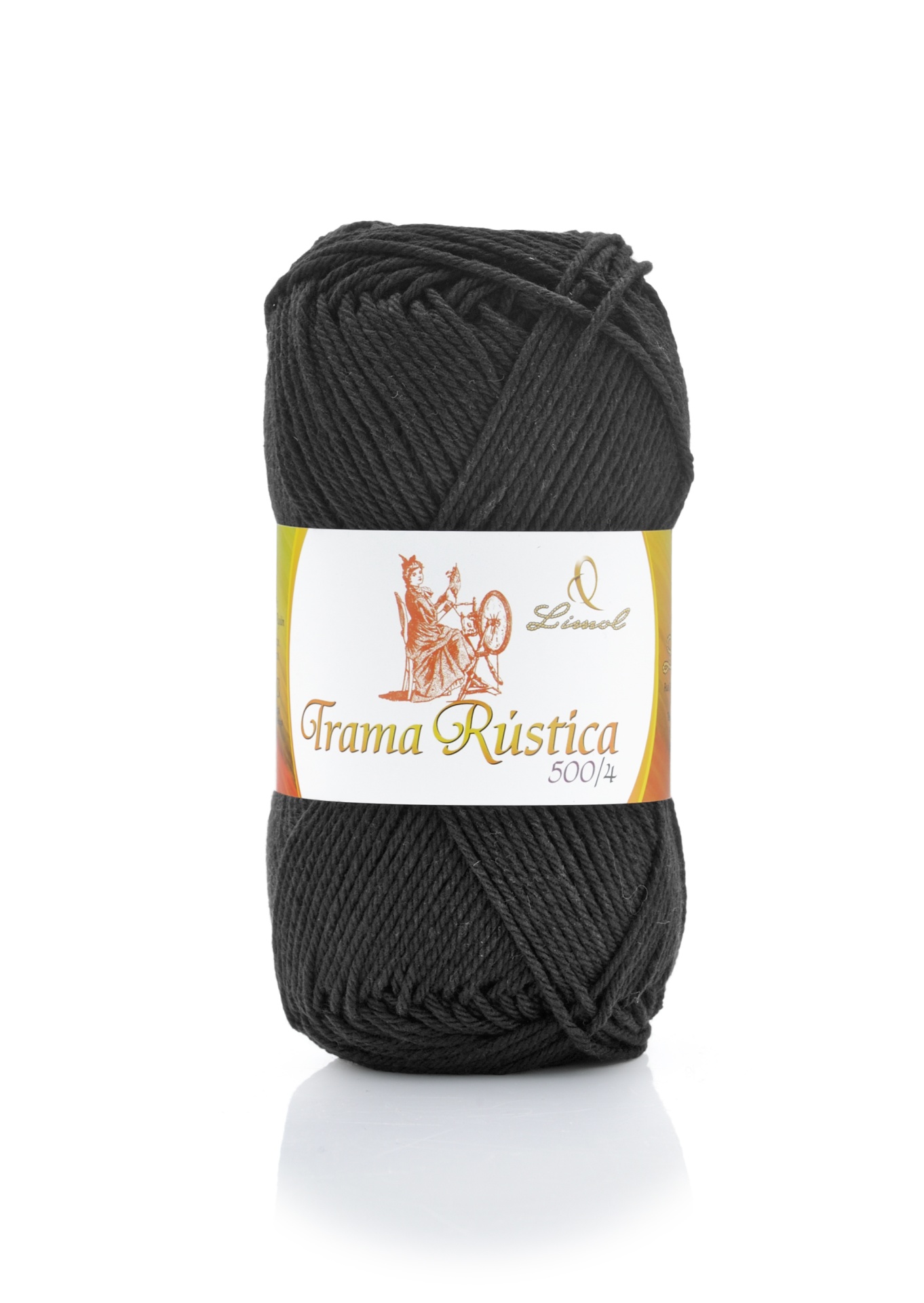 Skein de lã preta Trama Rustica 500/4 com etiqueta da marca Lismol