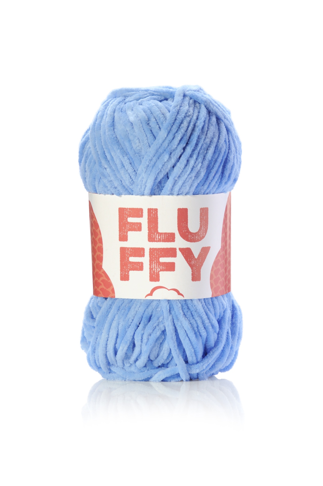 Bola de lã azul claro com etiqueta FLUFFY