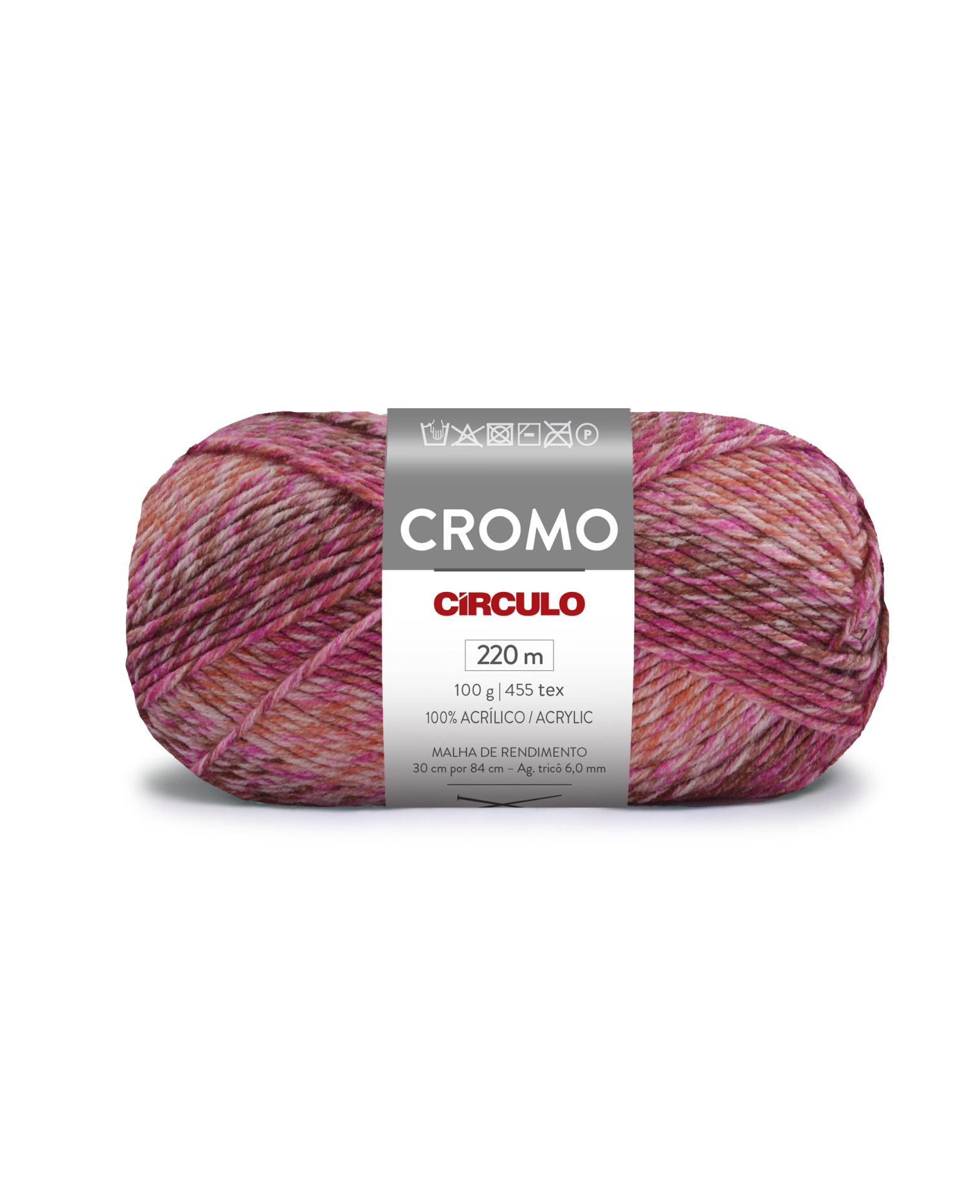 Novelo de lã CROMO multicolor rosa da CÍRCULO com etiqueta de cuidados e composição