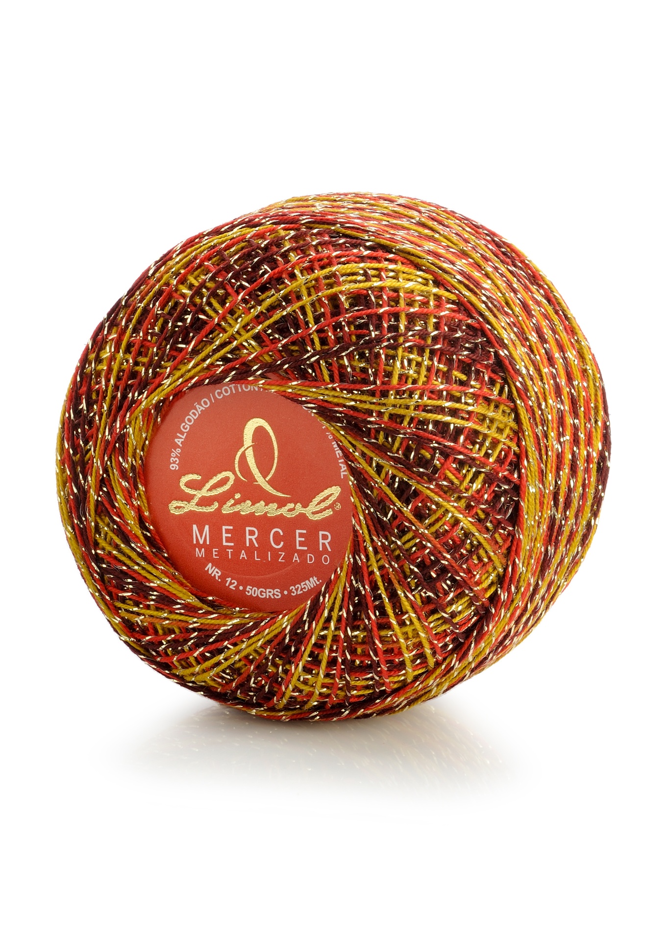 Novelo de linha Mercer metalizada Limol em várias cores com etiqueta vermelha