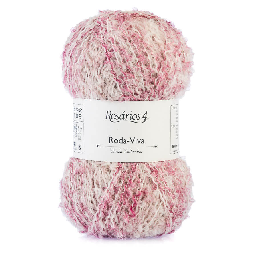 Novelo de lã Rosários 4 Roda-Viva em tons rosa e branco com etiqueta branca