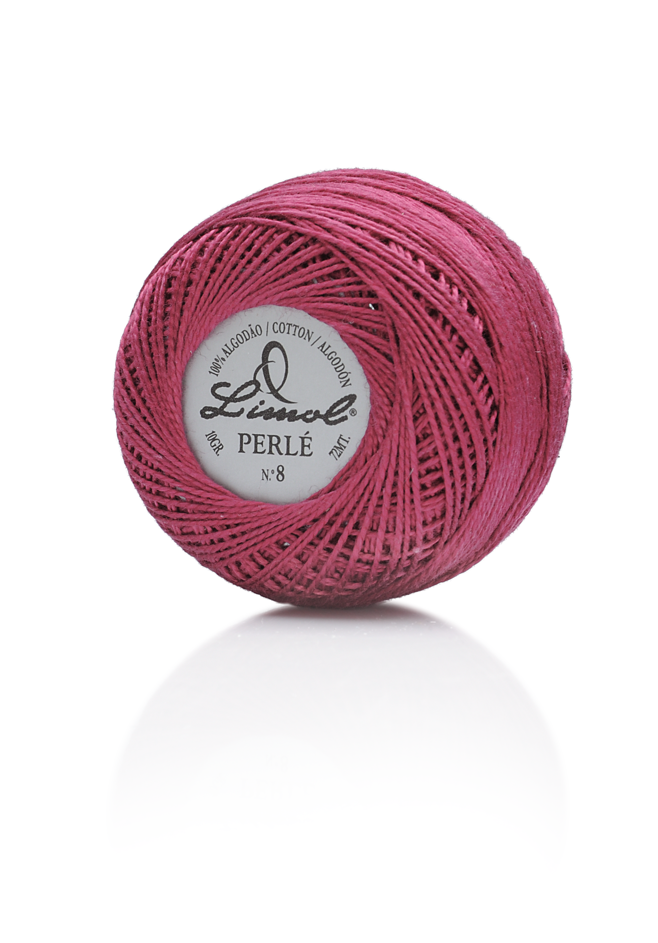 Rolo de fio de algodão perlé Limol cor rosa escuro com etiqueta branca no centro