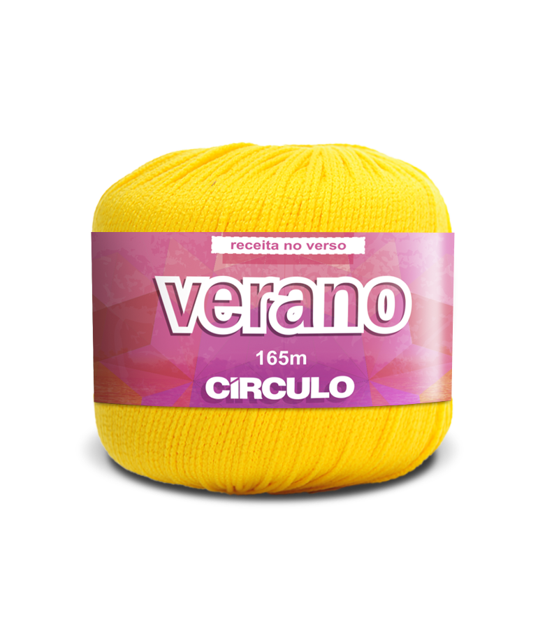 novelo de lã amarelo com etiqueta rosa da marca Círculo