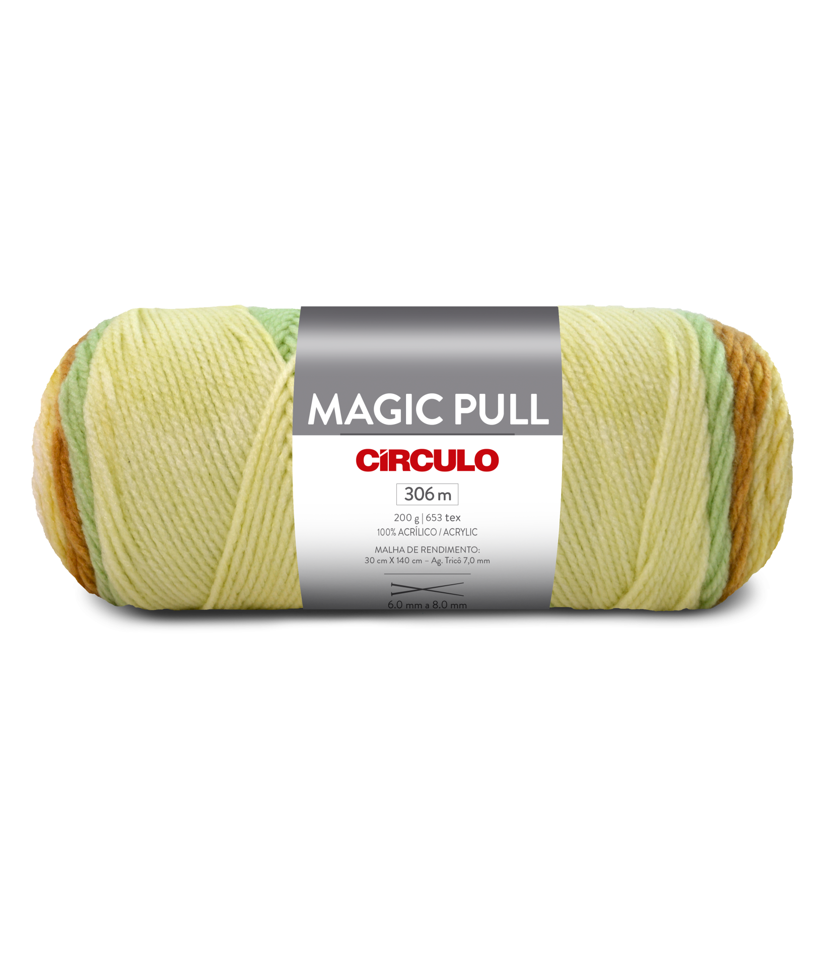 Rolo de fio de lã magic pull círculo multicolor amarelo, verde e castanho com etiqueta