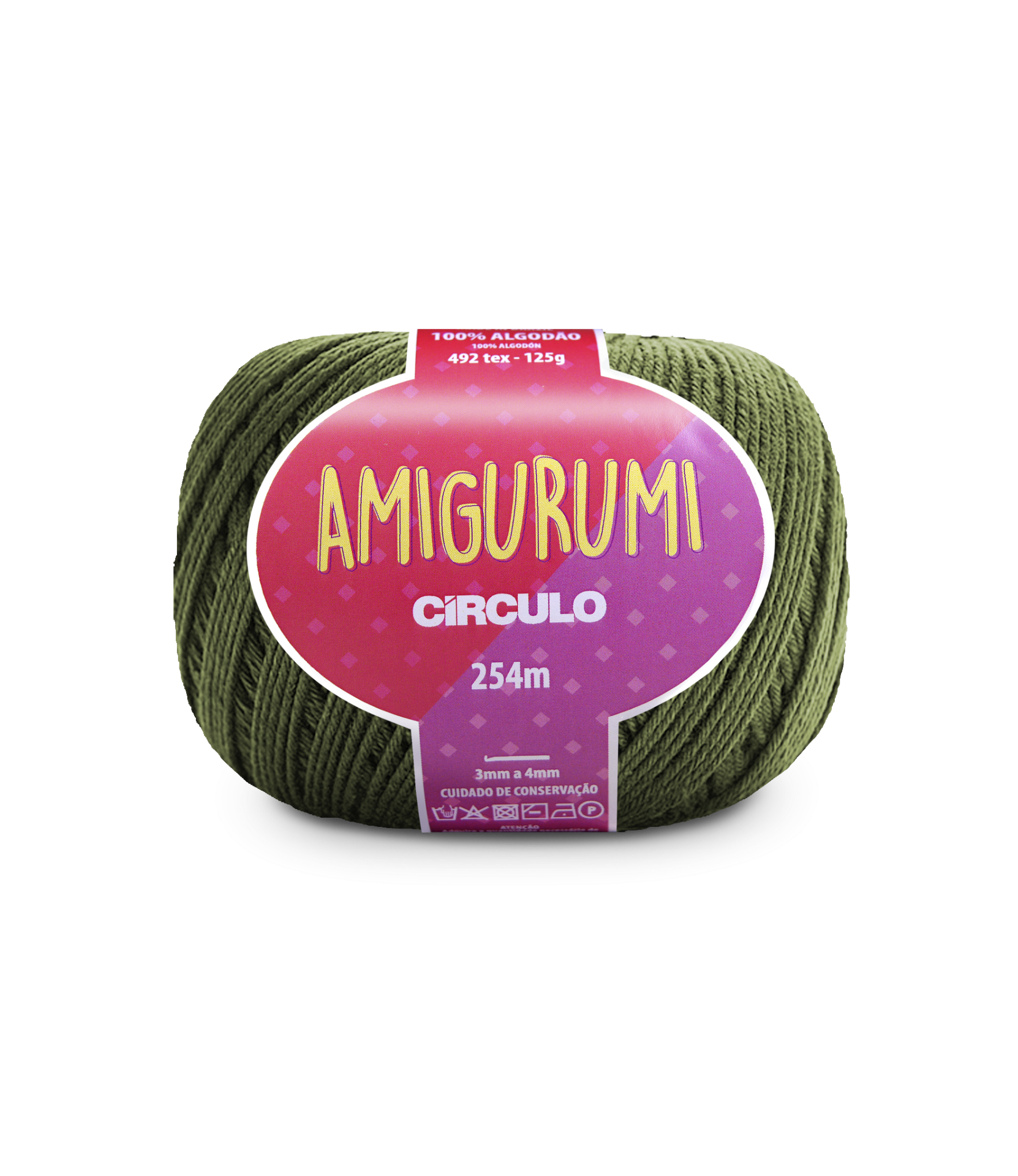 Novelo de fio Amigurumi verde da marca Círculo com etiqueta rosa e roxa