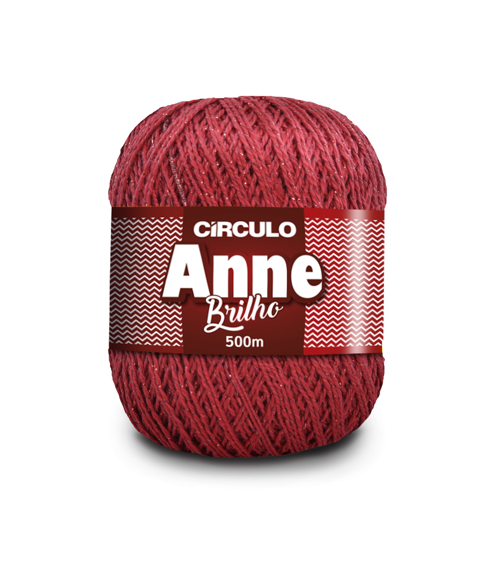 Novelo de lã vermelha com brilho e etiqueta com texto em vermelho e branco