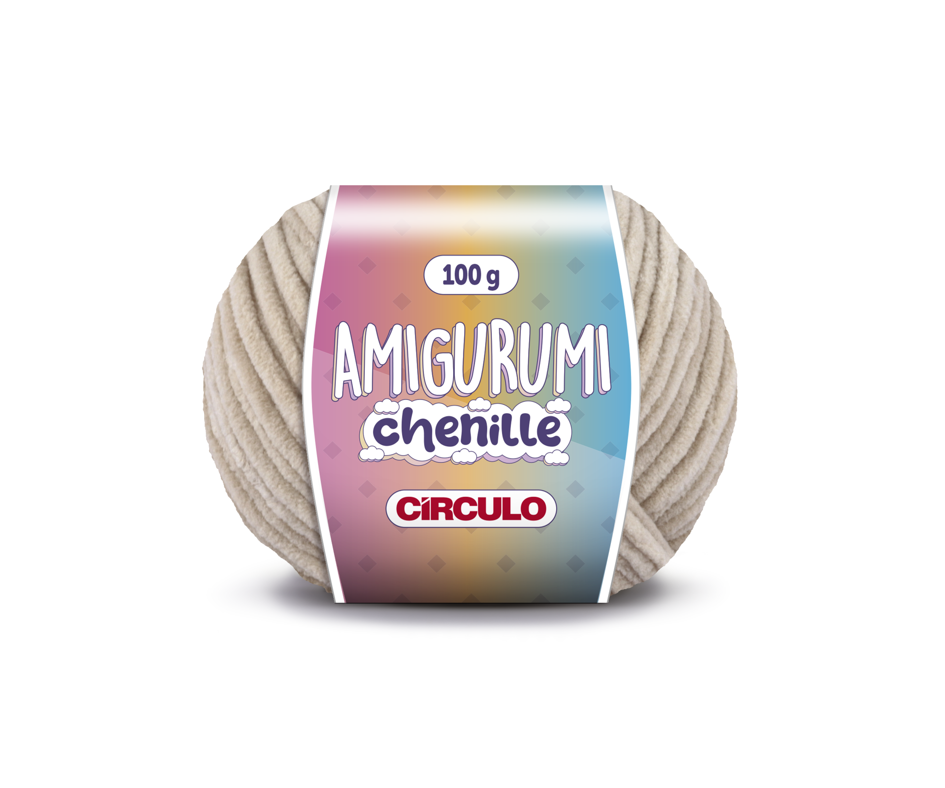 Novelo de lã chenille bege com etiqueta colorida