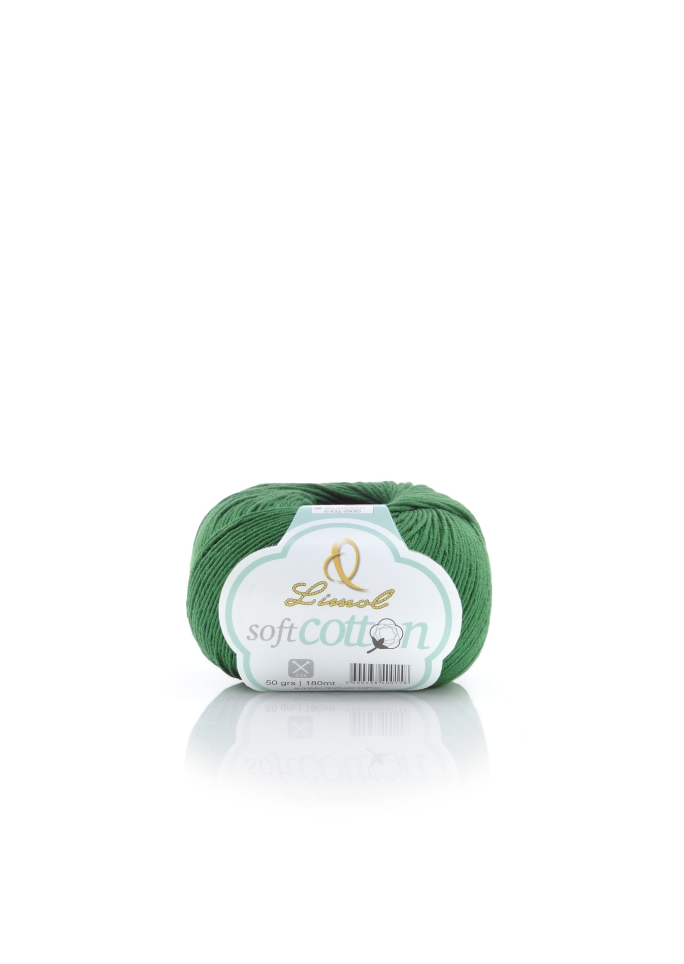 Novelo de fio verde Linnet Soft Cotton com etiqueta branca