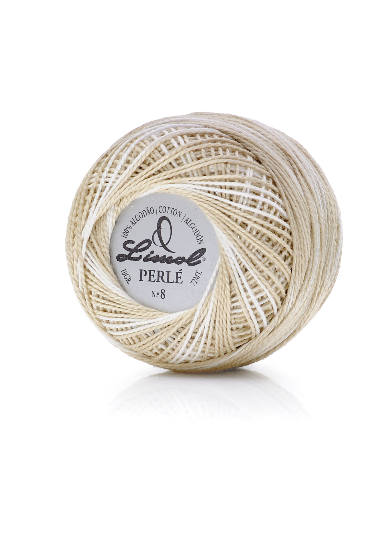 Rolo de linha de algodão Limol Perlé bege claro e branco com etiqueta central