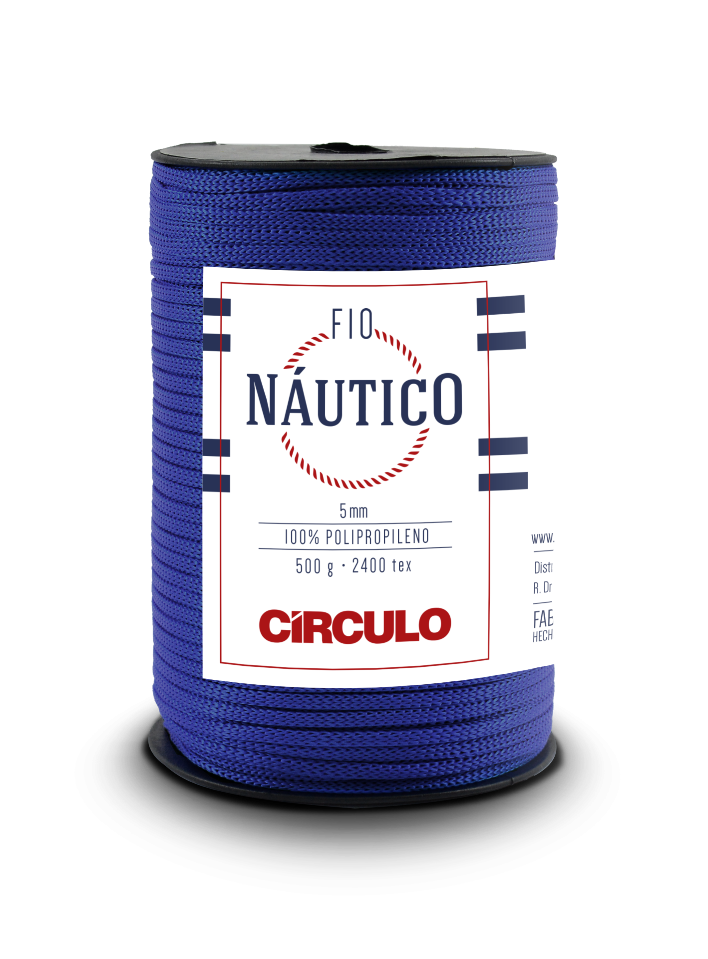 Rolo de fio náutico azul com etiqueta branca e texto azul e vermelho