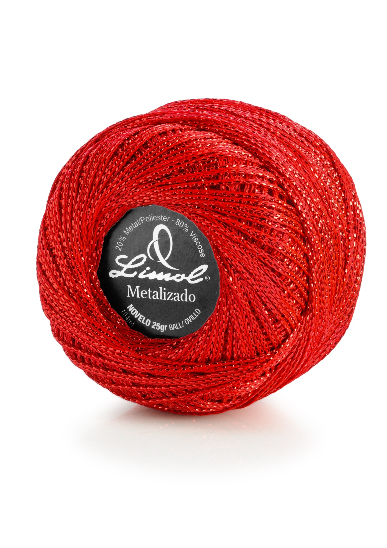 Novelo de linha metálica vermelha com etiqueta preta redonda da marca Linda
