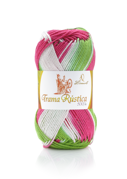 Novelo de lã multicolorida rosa, branco e verde com rótulo da marca Limol Trama Rústica 500/4
