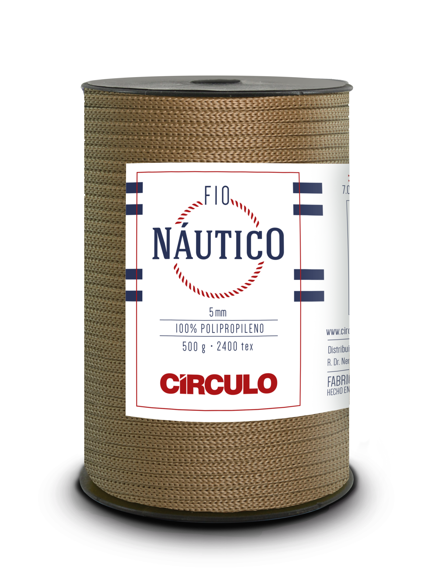 Rolo de fio náutico castanho com etiqueta branca e texto azul e vermelho