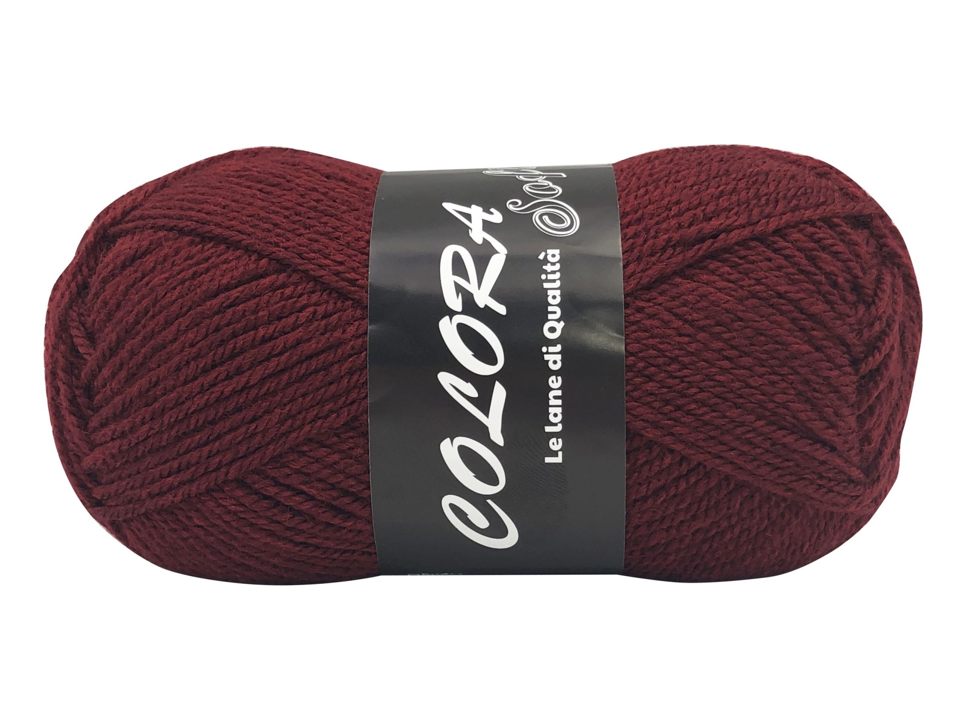 Novelo de lã bordeaux com rótulo preto e texto branco