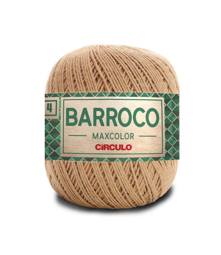Rolo de fio bege claro com etiqueta verde e creme com texto BARROCO MAXCOLOR CIRCULO número 4