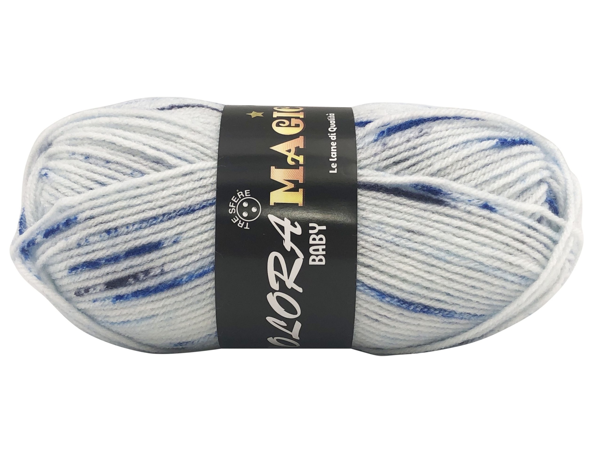 Novelo de lã branca com riscas azuis e cinzentas com etiqueta preta