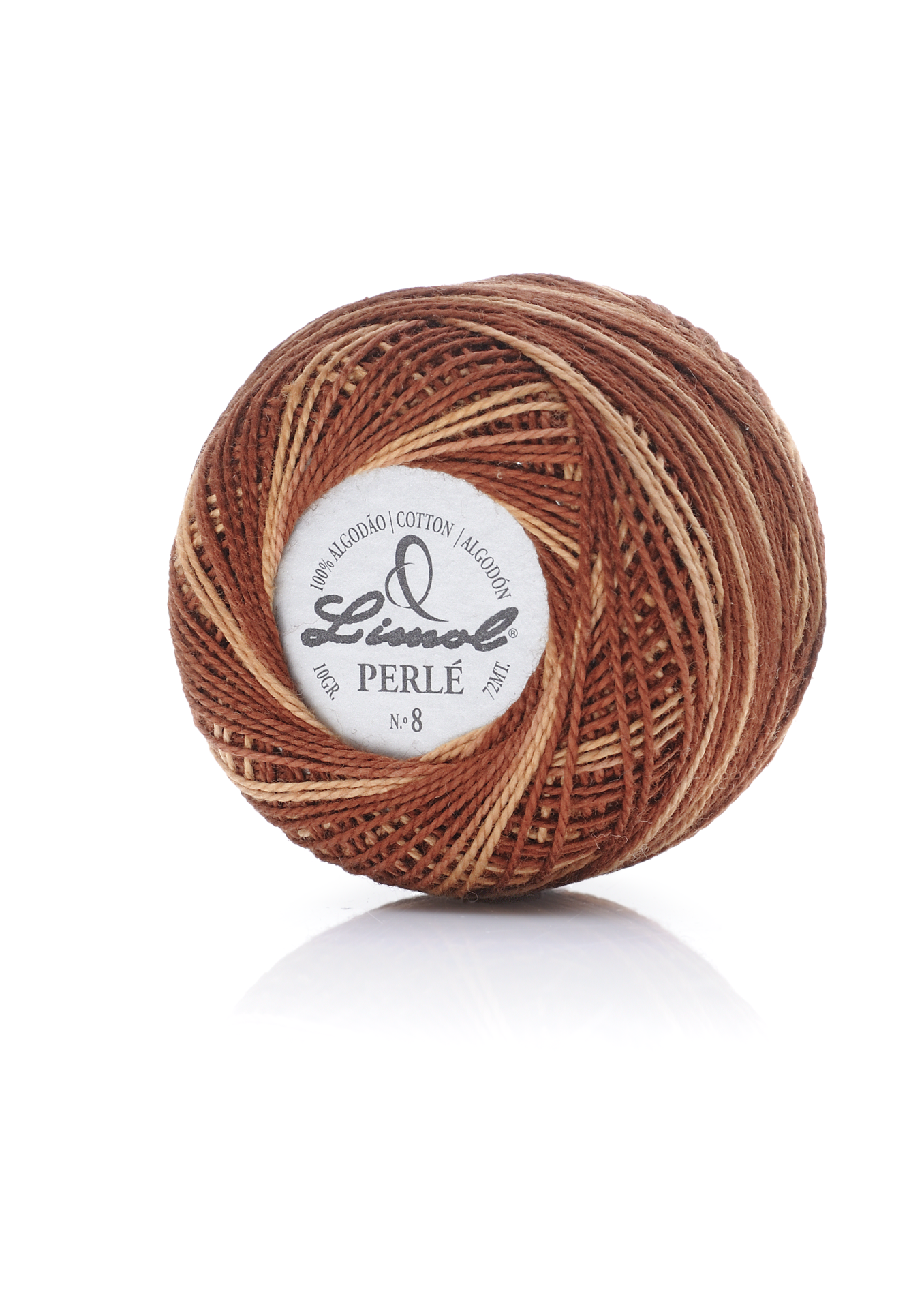 Bobina de linha Limol Perlé castanha e bege com rótulo branco