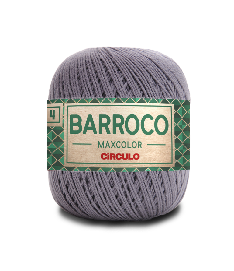 Rolo de fio cinza com etiqueta verde e dourada 'BARROCO MAXCOLOR CIRCULO'