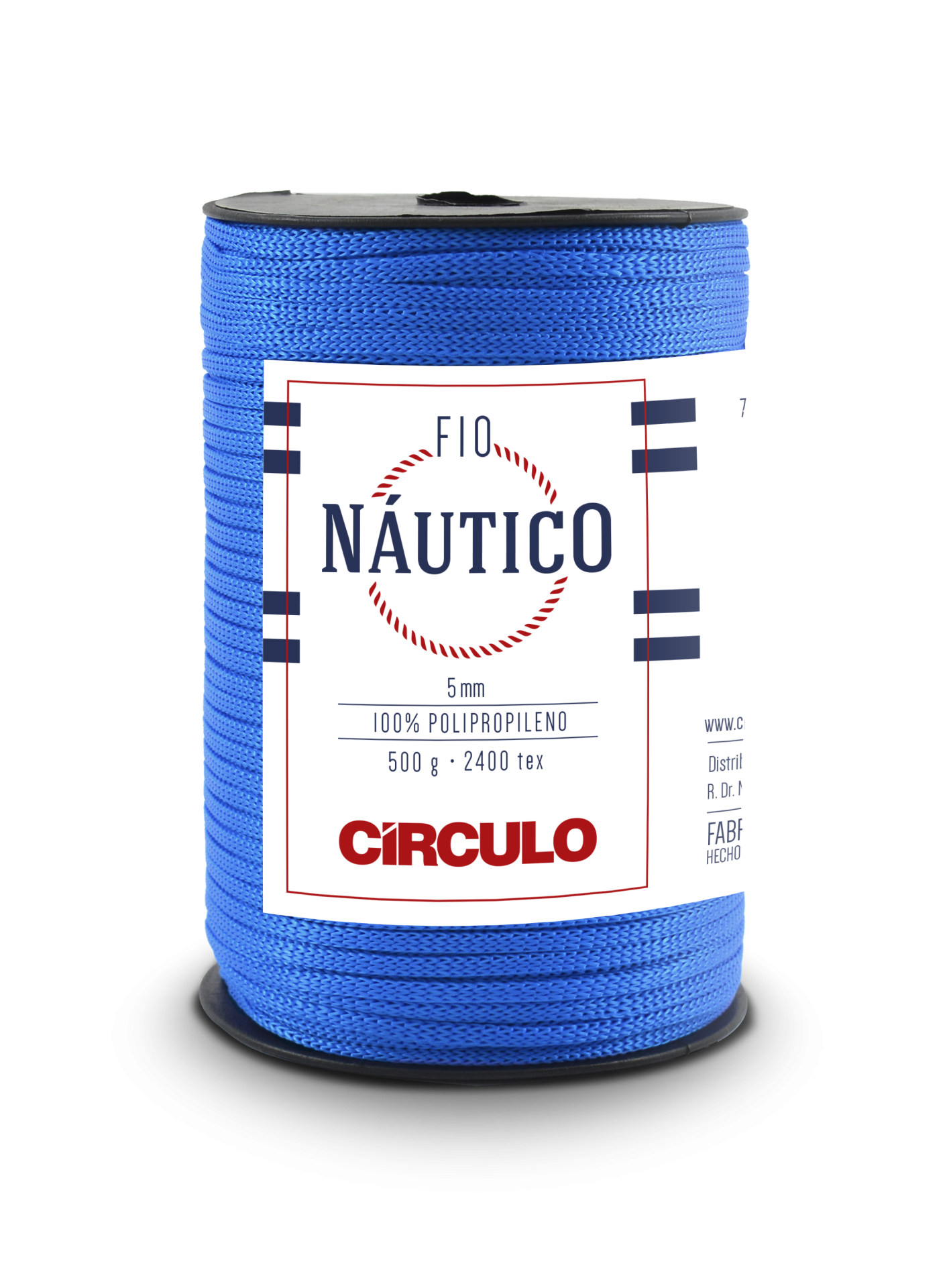 Rolo de fio náutico azul com etiqueta branca e texto detalhado