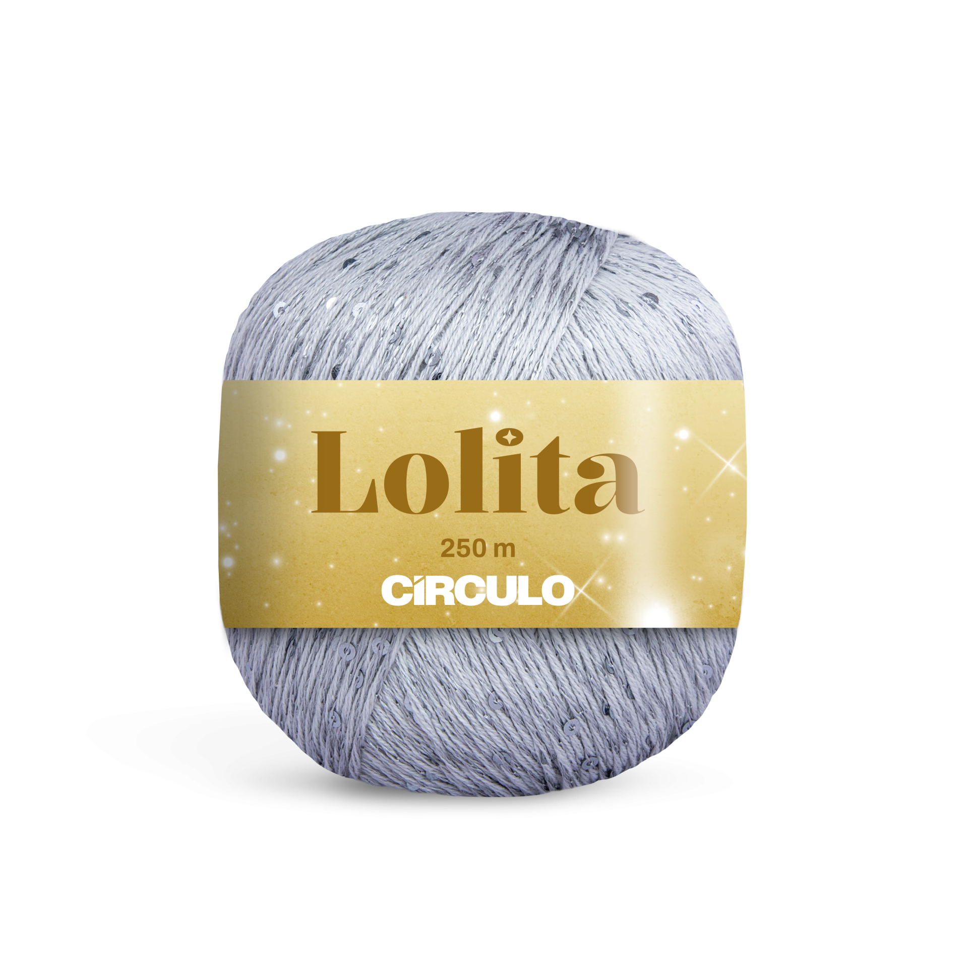 Rolo de fio cinzento claro com brilhos e lantejoulas e etiqueta amarela Lolita CIRCULO