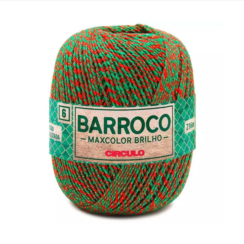 Novelo de fio Barroco Maxcolor Brilho vermelho e verde com etiqueta verde e bege