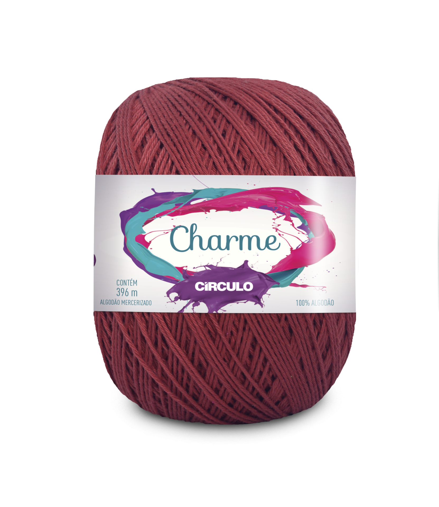 Novelo de fio de algodão mercerizado vermelho escuro com etiqueta colorida