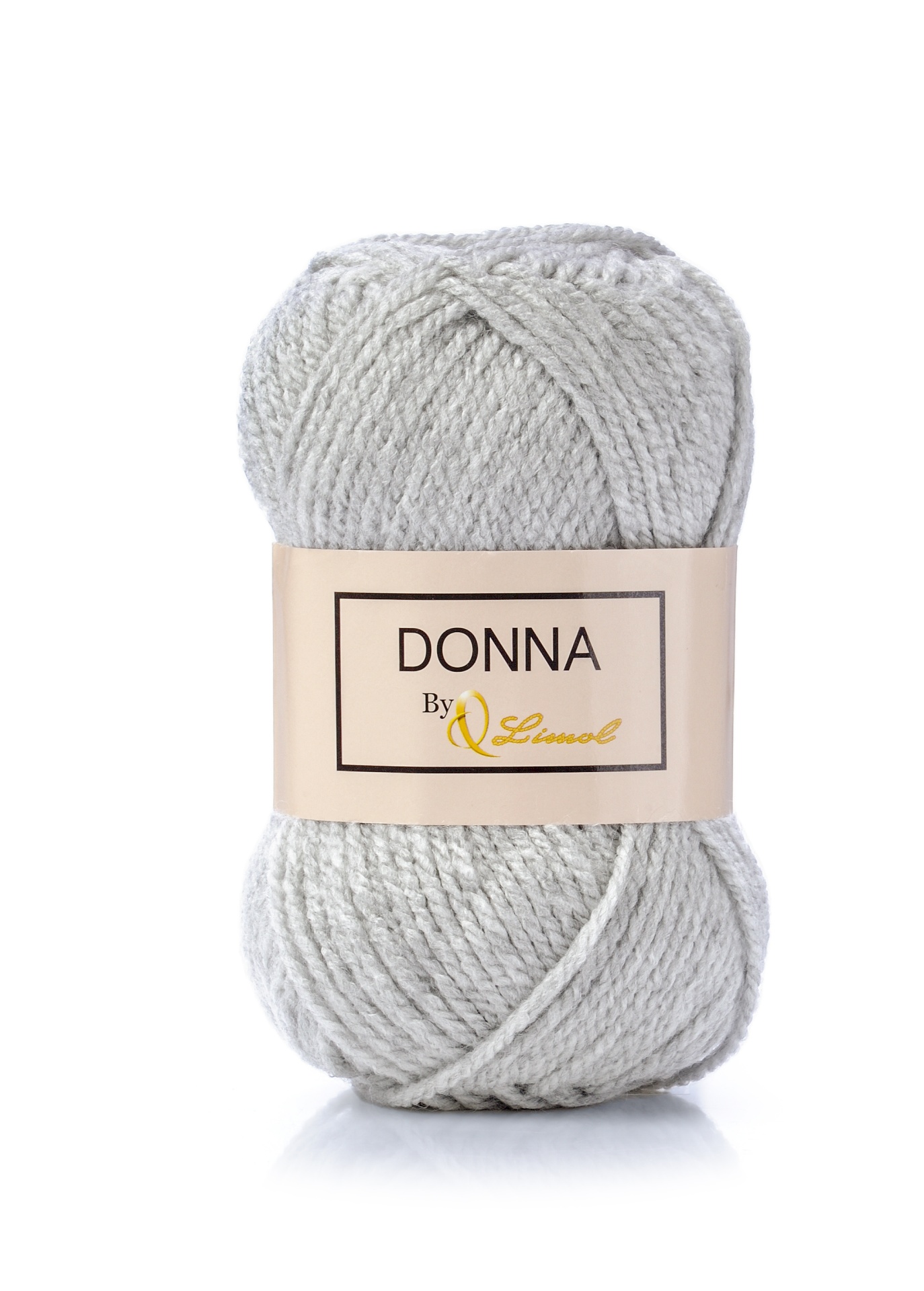 Novelo de lã cinzento claro com rótulo 'DONNA By Slimsol'