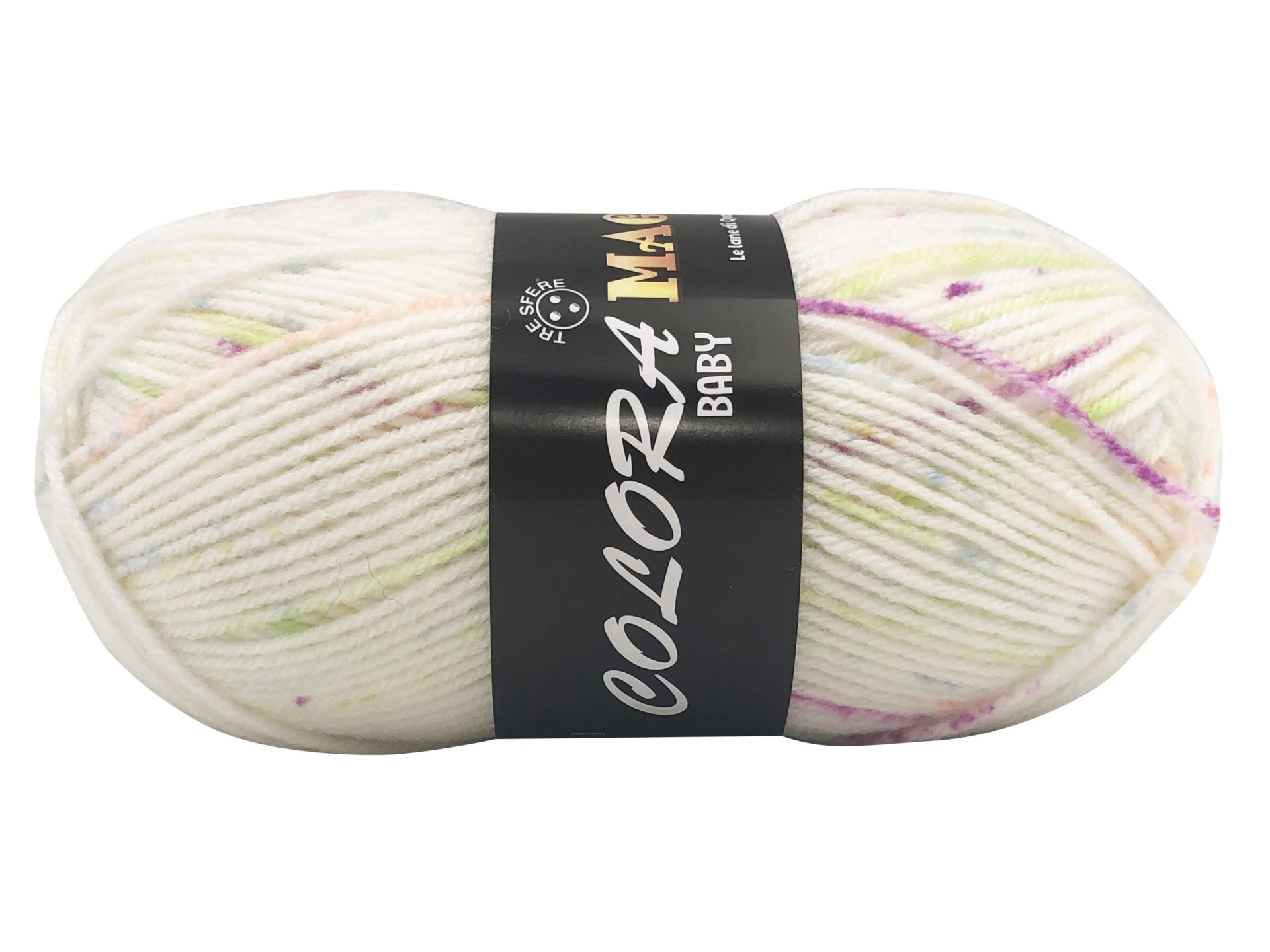 Novelo de lã branca com pequenas manchas roxas e amarelas, rótulo preto