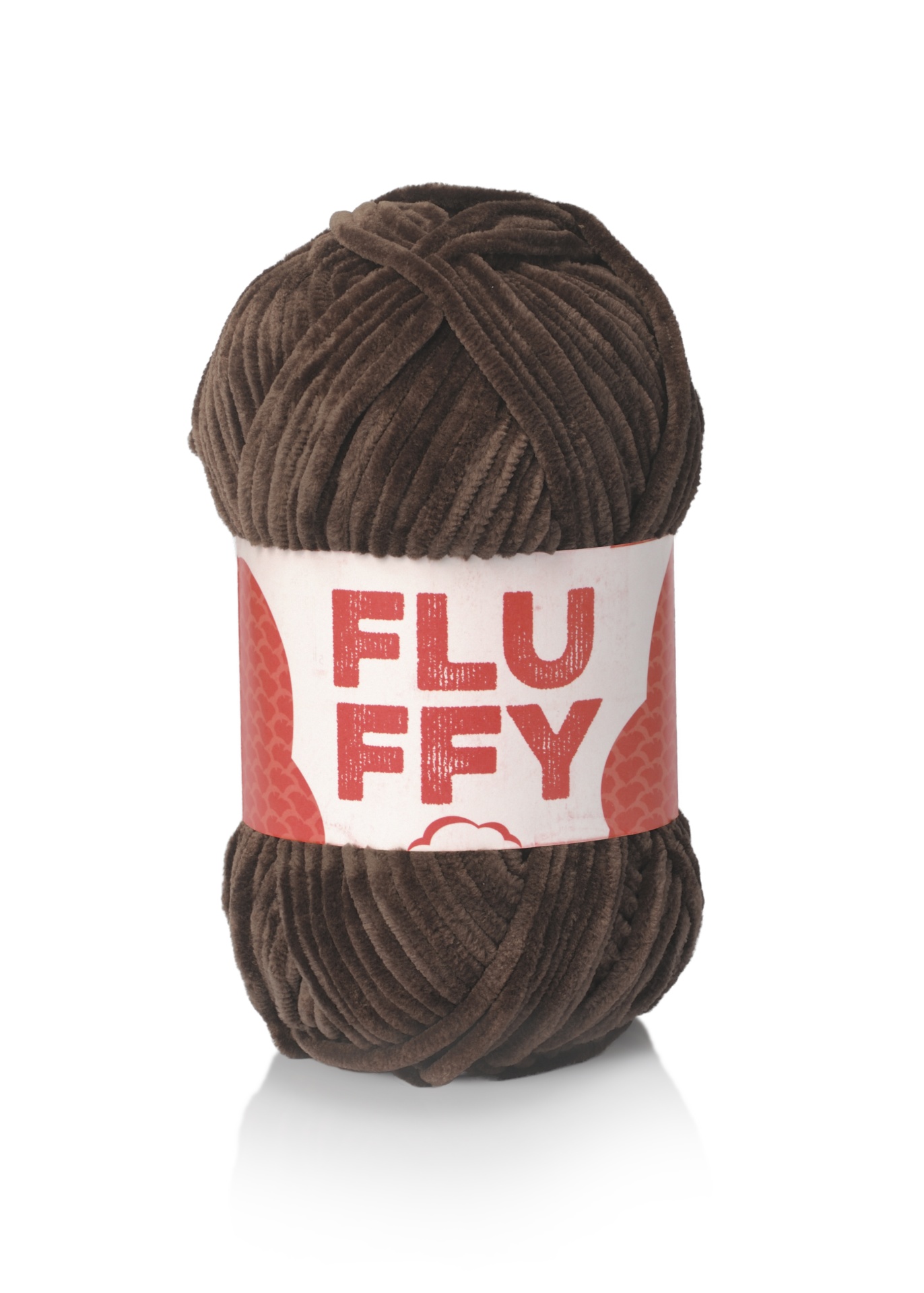 Meada de fio castanho escuro tipo veludo com etiqueta FLUFFY
