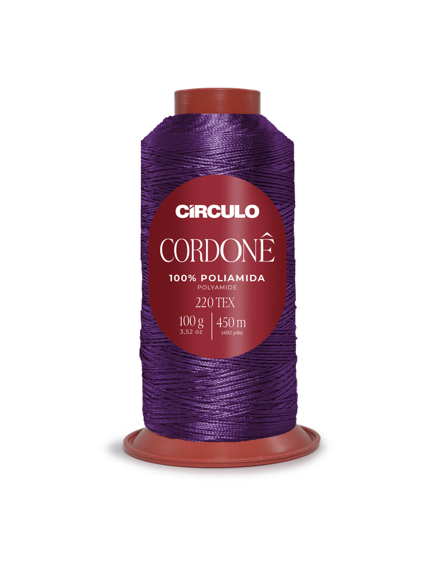 Carrete de linha roxa Círculo Cordonê com etiqueta vermelha