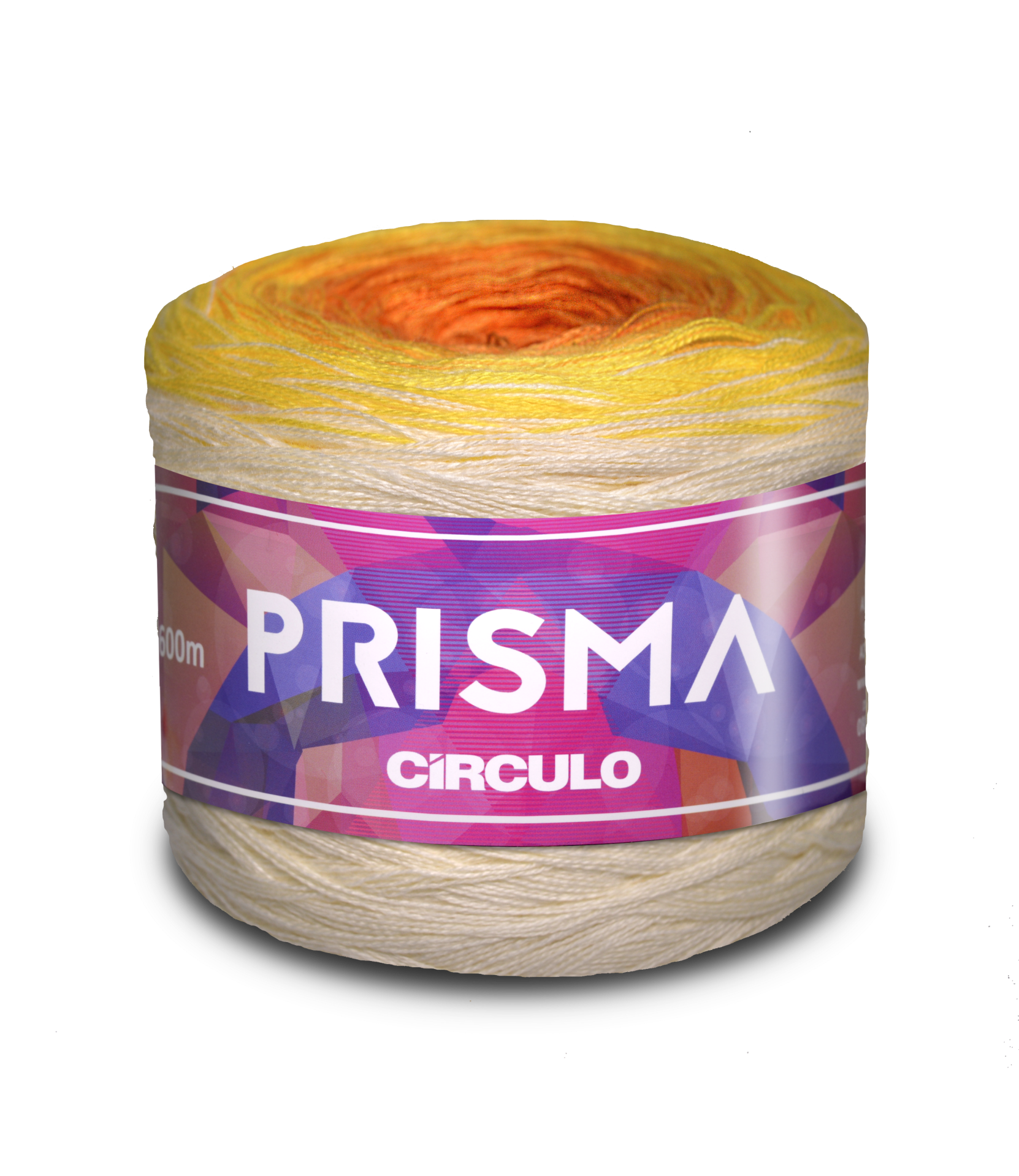 Novelo de fio de lã amarelo a laranja com etiqueta PRISMA CÍRCULO