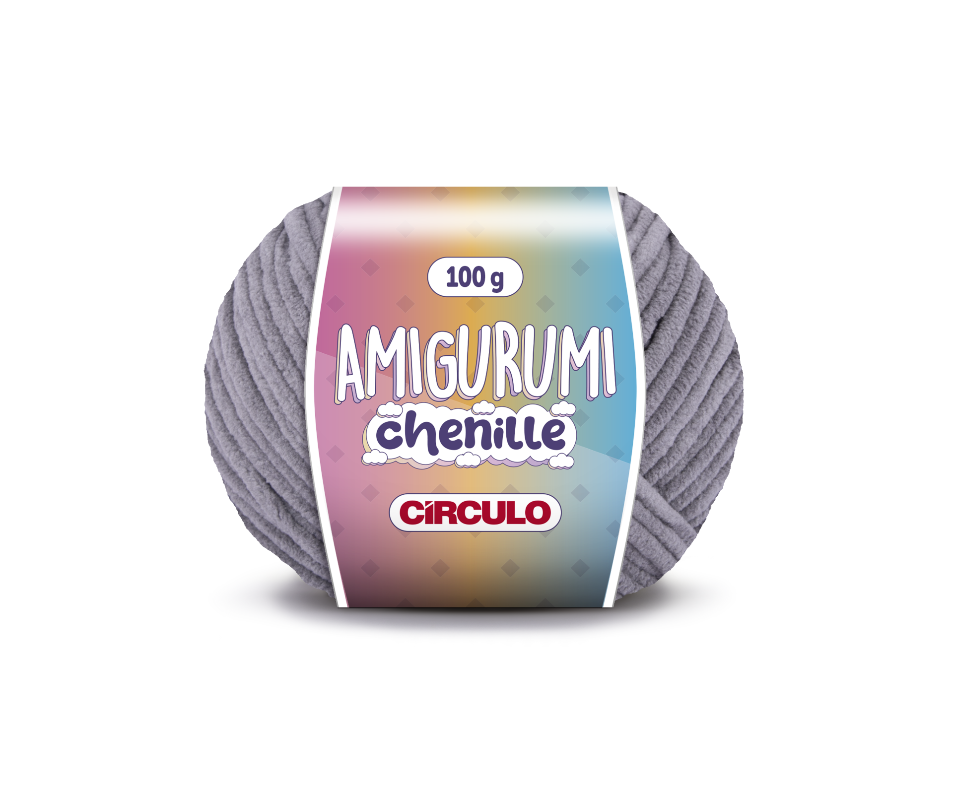 Novelo de fio chenille cinzento com etiqueta colorida em fundo branco