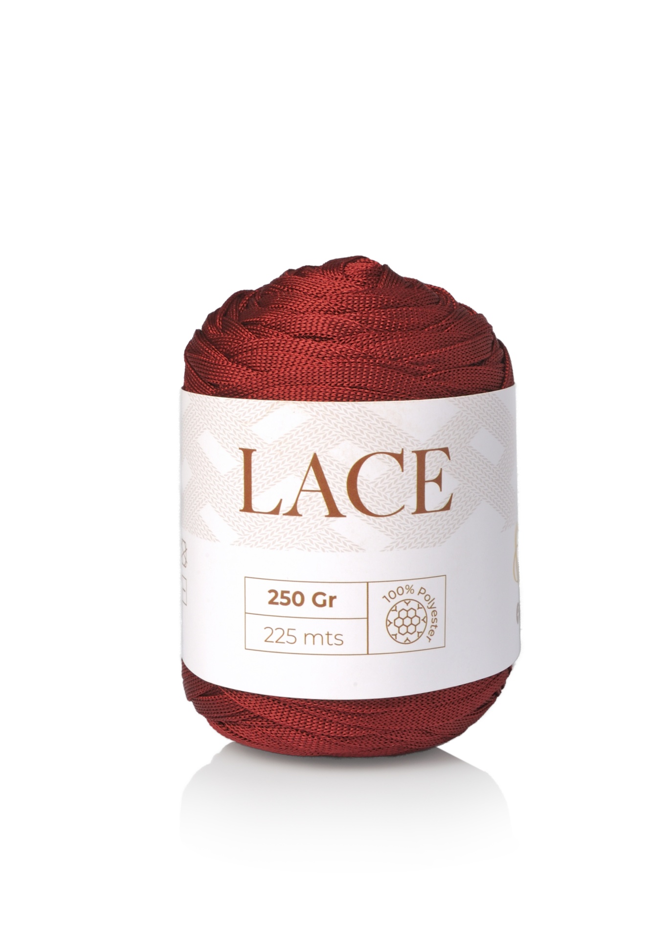 Bobina de fio rendado vermelho com etiqueta branca